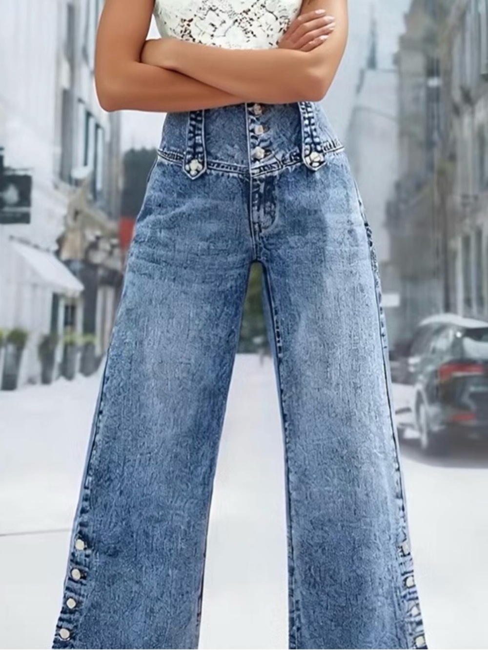 New High-Rise Wide-Leg Acid Wash Denim Jeans - Blue